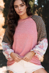 Plaid Floral Patchwork Round Neck Long Sleeve Top Dusty Pink OutfitFlow