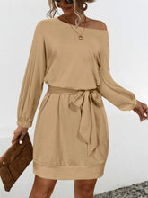 One Shoulder Tie Waist Dress Tan OutfitFlow
