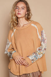 POL Waffle-Knit Lace Detail Round Neck Top Sherbet OutfitFlow