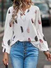 Feather Print Notched Balloon Sleeve Top White OutfitFlow
