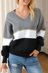Color Block V Neck Long Sleeve Sweater Gray OutfitFlow