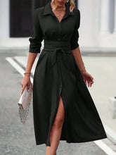 Collared Neck Long Sleeve Midi Shirt Dress Black OutfitFlow