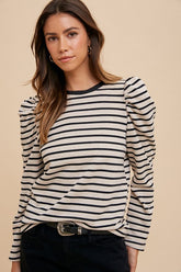 Annie Wear Striped Round Neck Puff Sleeve French Terry Top Black OutfitFlow