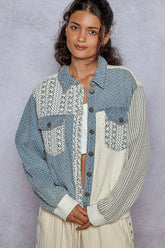 POL Lace Details Button Up Jacket with Chest Pockets Cerulean OutfitFlow