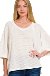 Zenana Brushed Waffle Exposed-seam 3/4 Sleeve Top OFF WHITE OutfitFlow