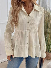 Button-Down Long Sleeve Tiered Shirt OutfitFlow