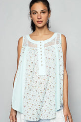POL Floral Print Button-Front Lace Patchwork Tank Top Mint Blue OutfitFlow