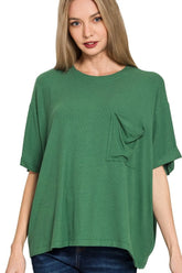 Zenana Oversized Ribbed Round Neck Short Sleeve Tee DK GREEN OutfitFlow