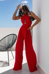 Halter Neck Wide Leg Jumpsuit with Keyhole Detail Red OutfitFlow