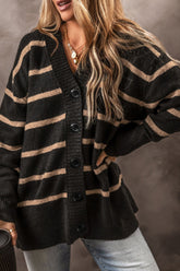 Striped Button Down Long Sleeve Cardigan Black OutfitFlow