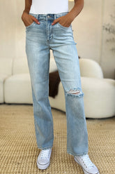 Judy Blue Full Size High Waist Distressed Straight Jeans Light OutfitFlow