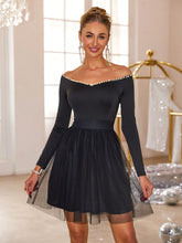 Pearl Trim Mesh Hem Off Shoulder Dress Black OutfitFlow