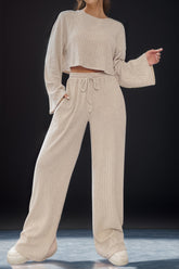 Round Neck Long Sleeve Top and Pants Set Khaki OutfitFlow