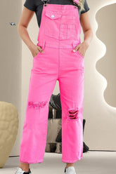 Distressed Pocketed Wide Strap Denim Overalls Pink OutfitFlow