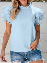Layered Ric Rac Short Sleeve Filled Neck Blouse Beau Blue OutfitFlow