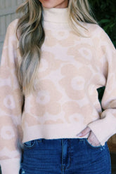 Flower Pattern Turtleneck Long Sleeve Sweater Eggshell OutfitFlow