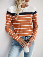 Perfee Contrast Striped Round Neck Long Sleeve T-Shirt Terracotta OutfitFlow