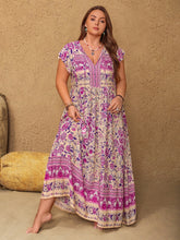 Plus Size Printed V-Neck Cap Sleeve Maxi Dress Heliotrope Purple OutfitFlow