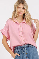 Mittoshop Mineral Washed Button Down Flounce Sleeve Shirt Blush Pink OutfitFlow