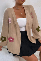 Floral Applique Drop Shoulder Open Front Cardigan Khaki OutfitFlow