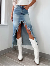 High-Waist Raw Hem Asymmetry Denim Skirt Light OutfitFlow
