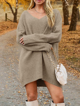 V-Neck Dropped Shoulder Sweater Dress Tan OutfitFlow