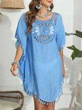 Tassel Crochet Round Neck Cover-Up Sky Blue One Size OutfitFlow