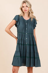 Mittoshop Lace Detail Ruffled Button Down Tiered Dress Deep Teal OutfitFlow