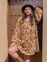 Plus Size Printed V-Neck Balloon Sleeve Mini Dress Tan OutfitFlow