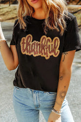THANKFUL Sequin Round Neck Short Sleeve T-Shirt Black OutfitFlow