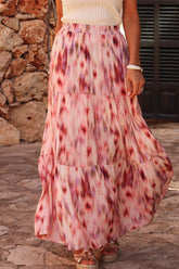 Tiered Printed Elastic Waist Skirt Dusty Pink OutfitFlow