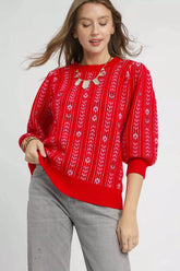 Umgee Jacquard Knit Puff Sleeve Sweater Red OutfitFlow