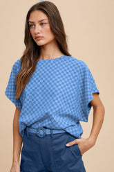 Annie Wear Checkered Round Neck Short Sleeve T-Shirt Blue OutfitFlow