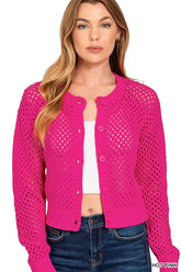 Zenana Button Down Lightweight Crochet Cardigan Sweater HOT PINK OutfitFlow