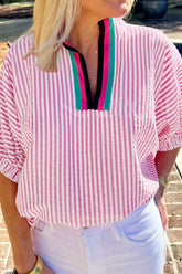 Striped Print Contrast Split Neck Dolman Sleeve Blouse Pink OutfitFlow
