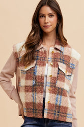 Annie Wear Faux Fur Plaid Button Up Jacket Brown OutfitFlow