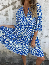 Full Size Printed Notched Half Sleeve Dress Plus Size Royal Blue OutfitFlow
