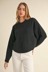 Mable Round Neck Dolman Sleeve Cropped Sweater Black OutfitFlow