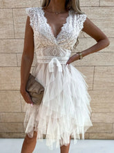 Lace V-Neck Ruffle Dress White OutfitFlow