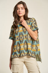 Davi & Dani High-Low Geometric Round Neck Knit Top SEAFOAM YELLOW OutfitFlow