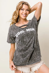 BiBi Washed Laser Cut Detail Cool Mom Print Top BLACK CHARCOAL OutfitFlow