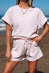 Stripe Knitted Short Sleeve Top and Drawstring Shorts Set Blush Pink OutfitFlow