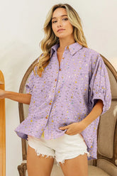BiBi Sequin Striped Short Dolman Sleeve Blouse LAVENDER OutfitFlow