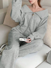 Zip Up Long Sleeve Top and Pants Set Light Gray OutfitFlow