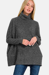 Zenana Full Size Brushed Melange Hacci Turtleneck Sweater Black OutfitFlow