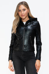 Snobbish Faux Leather Zip Up Drawstring Hooded Jacket Black OutfitFlow