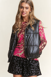 Snap and Zipper Shiny Metallic Puffer Vest Obsidian OutfitFlow