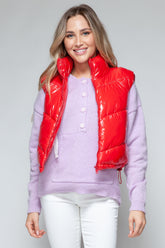 Snobbish Zip Up Turtleneck Shiny Quilted Vest Red OutfitFlow
