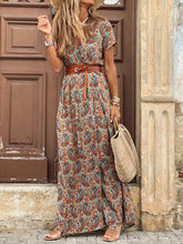 Full Size Printed V-Neck Short Sleeve Maxi Dress Plus Size Brown OutfitFlow