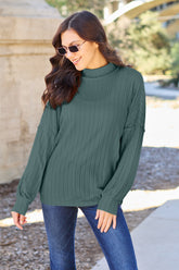 Basic Bae Full Size Ribbed Exposed Seam Mock Neck Knit Top Turquoise OutfitFlow